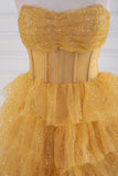 Gold A-line Strapless Tulle Sequined Long Prom Dress, Gold Sweet 16 Dress HZ1108