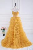 Gold A-line Strapless Tulle Sequined Long Prom Dress, Gold Sweet 16 Dress HZ1108
