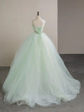 A-Line Tulle Lace Strapless Long Prom Dress, Tulle Green Long Formal Dress HZ1108