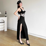 Black V-neck Spaghetti Strap Long Prom Dress With Slit HZ1108