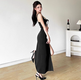 Black V-neck Spaghetti Strap Long Prom Dress With Slit HZ1108