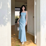Blue Mermaid Spaghetti Strap Simple Long Prom Dress HZ1108