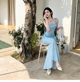 Blue Mermaid Spaghetti Strap Simple Long Prom Dress HZ1108