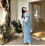 Blue Mermaid Spaghetti Strap Simple Long Prom Dress HZ1108