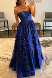 A-line Sequined Lace Strapless Long Prom Dress with Pocketss HZ1108