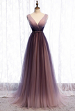 A-Line Deep V neck Pleated Purple Tulle Formal Prom Dress Flowing HZ1108