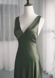 Charming A-Line Dark Green SatinV-Neckline Low Back Prom Dress, Dark Green Formal Dress HZ1108