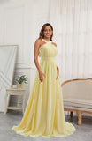 Cross Front Pale Yellow Pleated Chiffon Long Bridesmaid Dress Long Prom Dress HZ1108