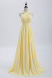 Cross Front Pale Yellow Pleated Chiffon Long Bridesmaid Dress Long Prom Dress HZ1108