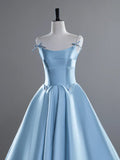 Blue A-Line Spaghetti Straps Satin Long Prom Dress, Blue Long Evening Dress HZ1108
