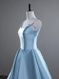 Blue A-Line Spaghetti Straps Satin Long Prom Dress, Blue Long Evening Dress HZ1108