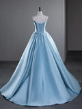 Blue A-Line Spaghetti Straps Satin Long Prom Dress, Blue Long Evening Dress HZ1108