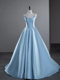 Blue A-Line Spaghetti Straps Satin Long Prom Dress, Blue Long Evening Dress HZ1108