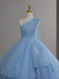 A-Line One Shoulder Tulle Blue Long Prom Dress, Blue Long Evening Dress HZ1108