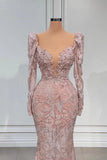 Designer Pink V-neck Lace Mermaid Prom Dress Evening Gowns With Long Sleeves HZ1108