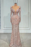 Designer Pink V-neck Lace Mermaid Prom Dress Evening Gowns With Long Sleeves HZ1108