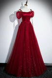 Burgundy A-Line Satin Tulle Floor Length Prom Dress, Off Shoulder Formal Evening Dress HZ1108
