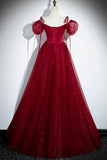 Burgundy A-Line Satin Tulle Floor Length Prom Dress, Off Shoulder Formal Evening Dress HZ1108