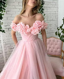Floral A-Line Tulle Off The Shoulder Long Evening Prom Dress With Slit HZ1108