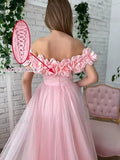 Floral A-Line Tulle Off The Shoulder Long Evening Prom Dress With Slit HZ1108