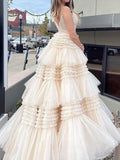 Champagne A-Line Spaghetti Straps Long Tiered Tulle Prom Dress With Split HZ1108