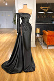 Black Mermaid One Shoulder Satin Long Prom Dress Beadings Evening Dress HZ1108