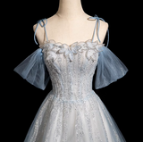 A-line Spaghetti Straps Tulle Sequins Long Prom Dress, Sweet Beaded Evening Dress HZ1108