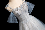 A-line Spaghetti Straps Tulle Sequins Long Prom Dress, Sweet Beaded Evening Dress HZ1108