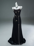 Black Mermaid Spaghetti Straps Velvet Beaded Long Prom Dresses , Elegant Evening Dress HZ1108
