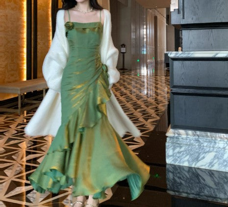 ??Elegant Satin Prom Dress for Quinceanera&Party-Fairytale A-line Straps Evening Gown for Birthday HZ1108