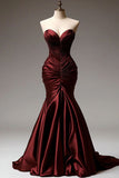 Burgundy Mermaid Sweetheart Satin Long Prom Dress, Fitted Evening Gown HZ1108