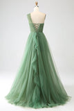 Dark Green A-Line One-Shoulder sequins Tulle Long Prom Dress HZ1108