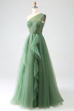Dark Green A-Line One-Shoulder sequins Tulle Long Prom Dress HZ1108