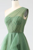 Dark Green A-Line One-Shoulder sequins Tulle Long Prom Dress HZ1108