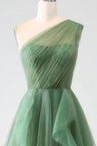 Dark Green A-Line One-Shoulder sequins Tulle Long Prom Dress HZ1108
