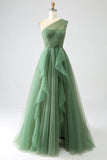 Dark Green A-Line One-Shoulder sequins Tulle Long Prom Dress HZ1108