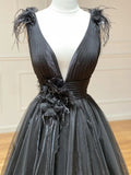 A Line Black V Neck Tulle Long Prom Dress HZ1108