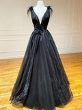 A Line Black V Neck Tulle Long Prom Dress HZ1108
