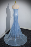 Blue Mermaid Sequin Sheer Straps Scalloped Long Prom Dress HZ1108