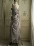 Chiffon Spaghetti Straps Transparent Beads Sweetheart Neck Grey Long Prom Dress HZ1108