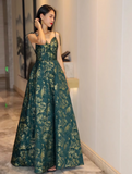 Dark Green A-line Spaghetti Strap Satin Long Prom Dress Sweetheart Neckline Retro Bridesmaid Dress Dress HZ1108