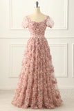 Pink A-line Tulle Pleated Floral Long Prom Dress Adult Ceremony Graduation Prom Dress HZ1108