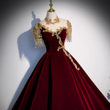 Burgundy A-line Velvet Beaded Sequined Long Prom Dress with Gold Appliques Formal Evening Gown HZ1108