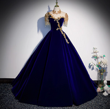 Burgundy A-line Velvet Beaded Sequined Long Prom Dress with Gold Appliques Formal Evening Gown HZ1108