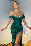 Dark Green Mermaid Off-the-shoulder Sparkle Beaded Long Prom Dress with Slit HZ1108