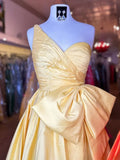A-line one shoulder satin long prom dress with bow HZ1108