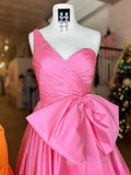 A-line one shoulder satin long prom dress with bow HZ1108