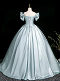 A-Line V Neck Satin Blue Long Prom Dress, Blue Long Formal Dress HZ1108