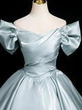 A-Line V Neck Satin Blue Long Prom Dress, Blue Long Formal Dress HZ1108