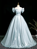 A-Line V Neck Satin Blue Long Prom Dress, Blue Long Formal Dress HZ1108